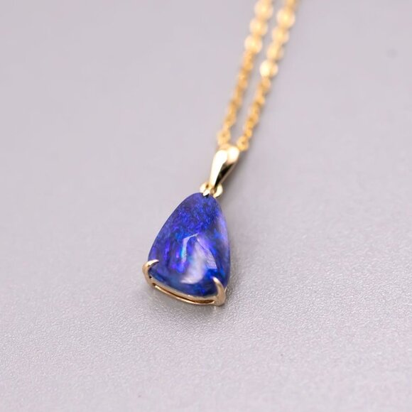 The Wind Opal Jewelry - Deep Blue Australian Black Opal Pendant Necklace 18K Yellow Gold